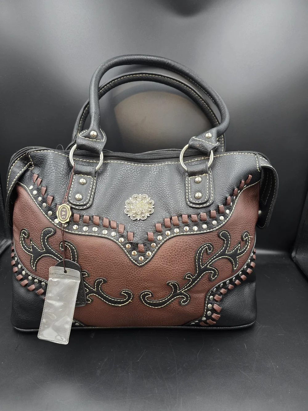 Embellished Two-Tone Black and Brown Satchel Handbag